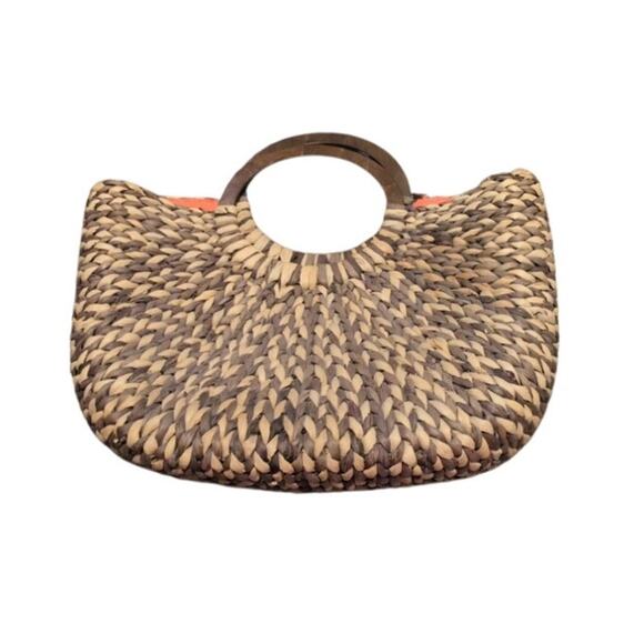 Large Limited Straw & Wood Tote Bag Orange Lining Oversized - Picture 3 of 4